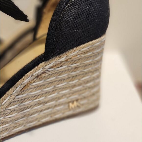 Michael Kors Black Canvas Wedge Heel Tie-up Mk Logo Espadrilles Sz.6 Ret.$184 - Picture 4 of 11